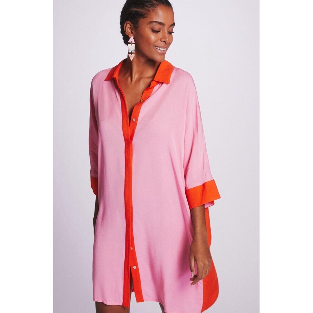 Anthropologie Margo Baridon Dress Tunic Midi Women Orange Pink Colorblock Sz XS